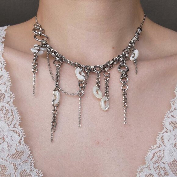 Mermaid's asymmetrical white pearl and silver chunky statement necklace - Picture 7 of 8